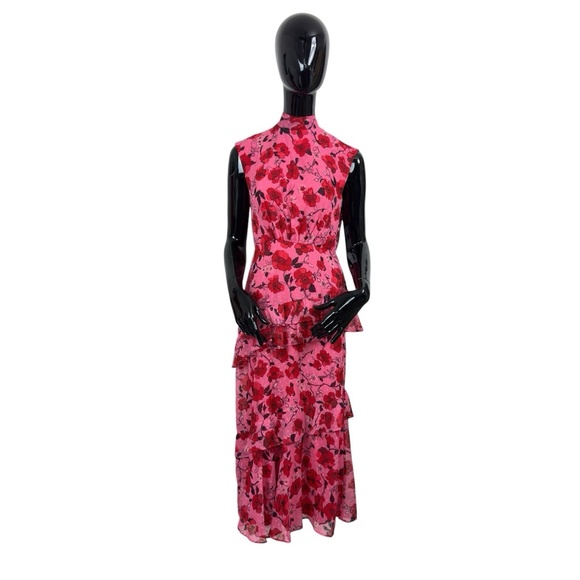 Maison Tara Women’s Primrose/Red Floral Mock Neck Tea-Length Dress 12, 14, 16 - Picture 1 of 13